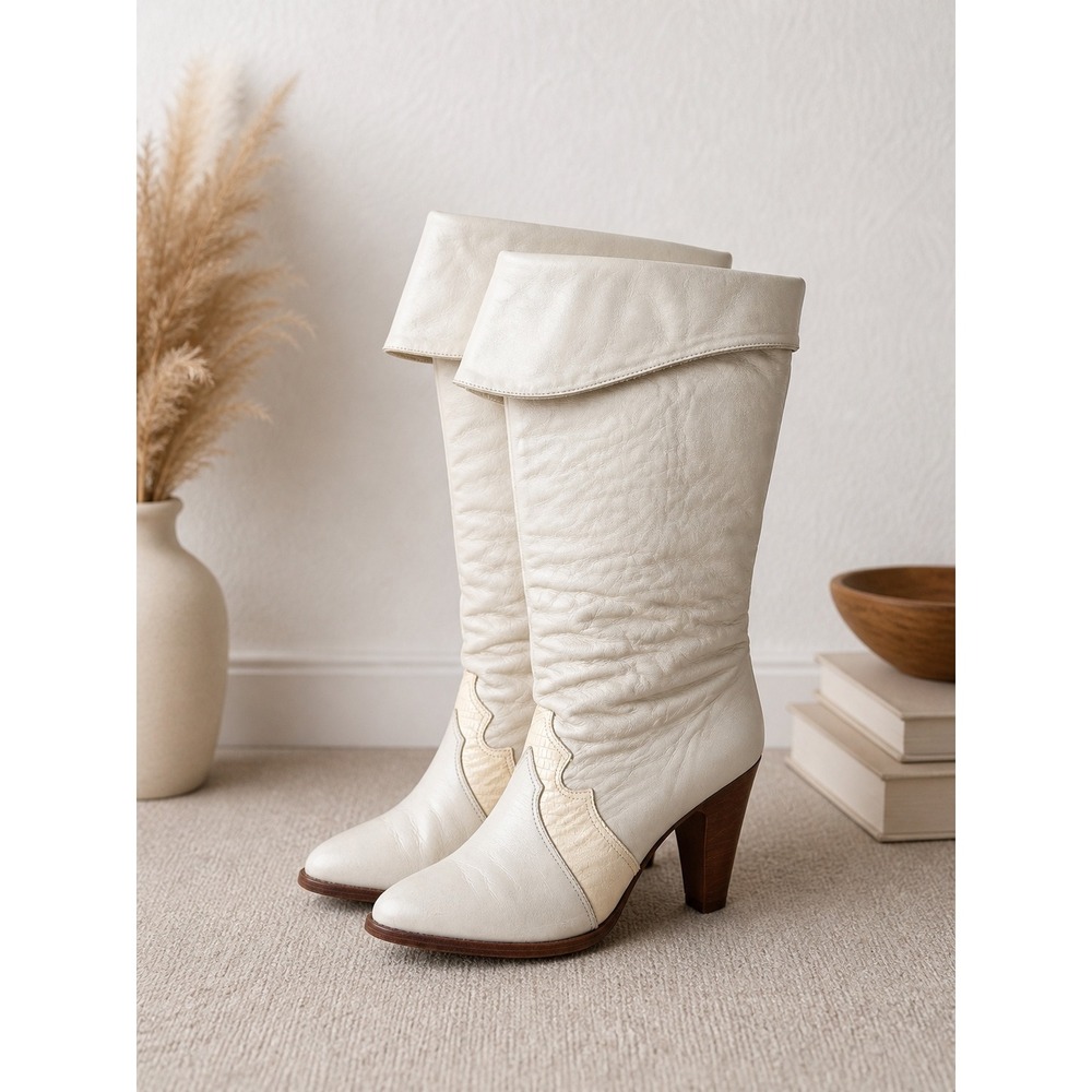 Zodiac USA Vintage 80s Cream Leather Slouch Pirate Boots Western Size 7 M